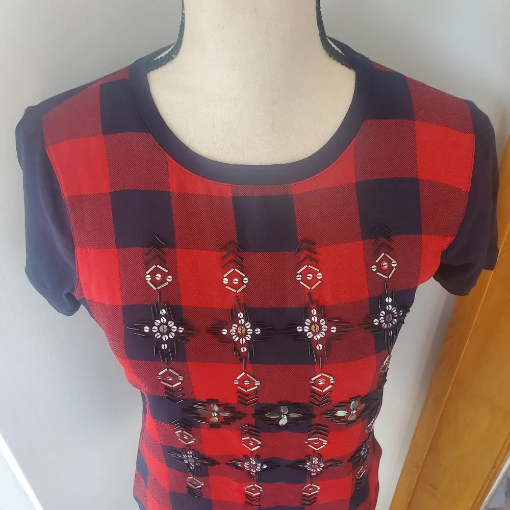 J. Crew Embellished Plaid Tartan T-Shirt/ Tee, XXS